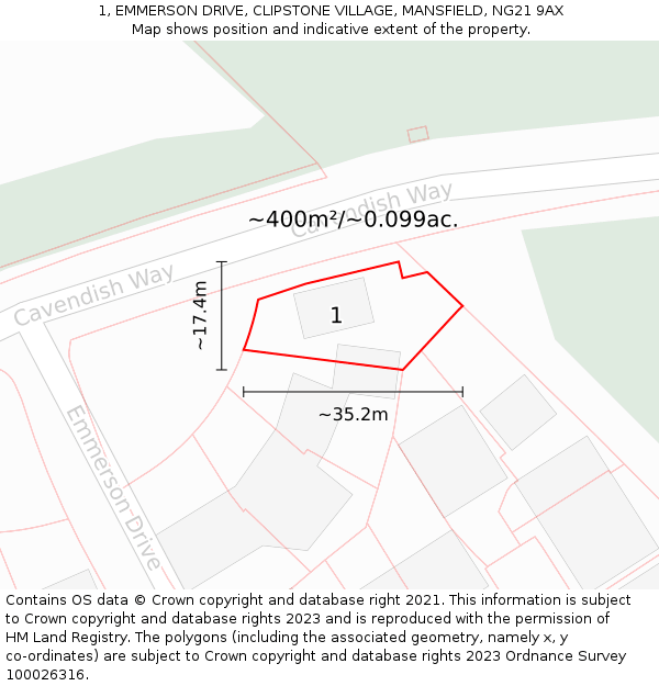 1, EMMERSON DRIVE, CLIPSTONE VILLAGE, MANSFIELD, NG21 9AX: Plot and title map