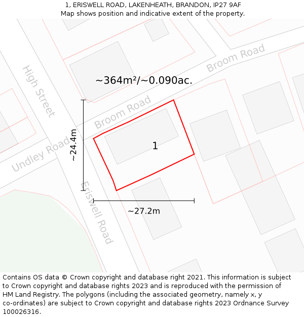 1, ERISWELL ROAD, LAKENHEATH, BRANDON, IP27 9AF: Plot and title map