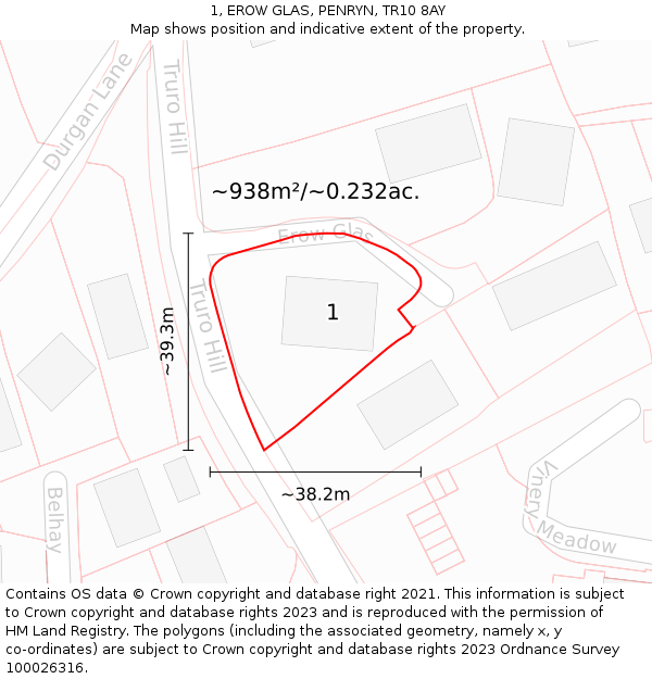 1, EROW GLAS, PENRYN, TR10 8AY: Plot and title map