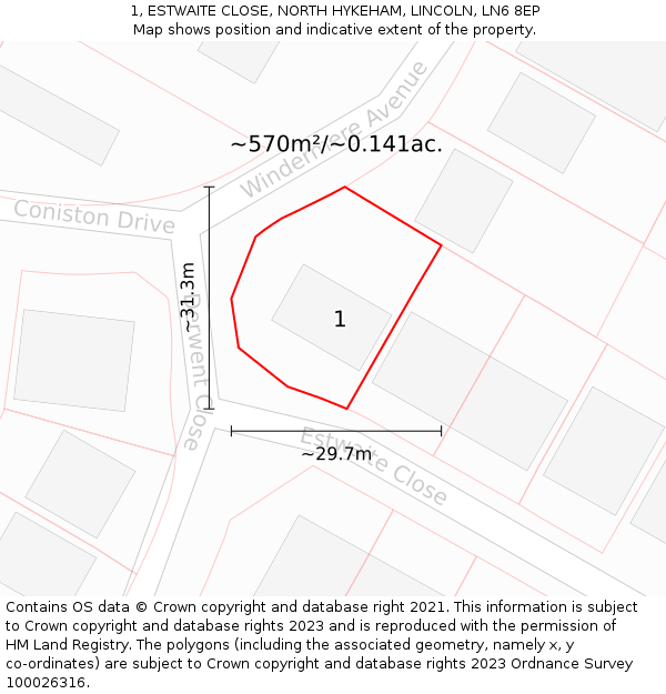 1, ESTWAITE CLOSE, NORTH HYKEHAM, LINCOLN, LN6 8EP: Plot and title map