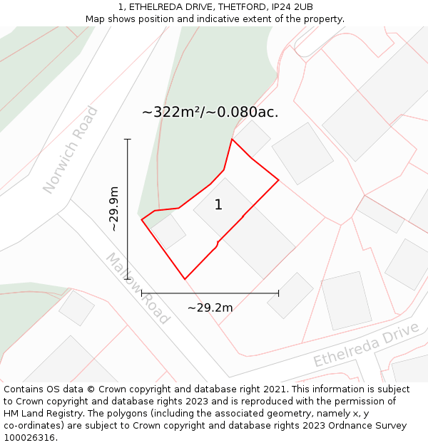 1, ETHELREDA DRIVE, THETFORD, IP24 2UB: Plot and title map