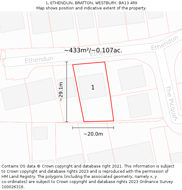 1, ETHENDUN, BRATTON, WESTBURY, BA13 4RX: Plot and title map