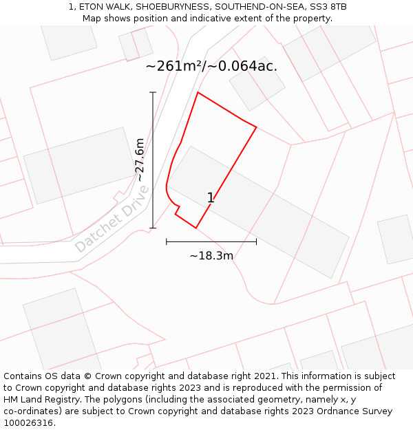 1, ETON WALK, SHOEBURYNESS, SOUTHEND-ON-SEA, SS3 8TB: Plot and title map