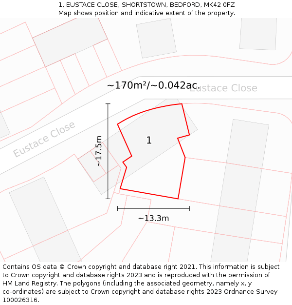 1, EUSTACE CLOSE, SHORTSTOWN, BEDFORD, MK42 0FZ: Plot and title map