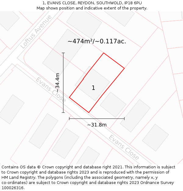 1, EVANS CLOSE, REYDON, SOUTHWOLD, IP18 6PU: Plot and title map