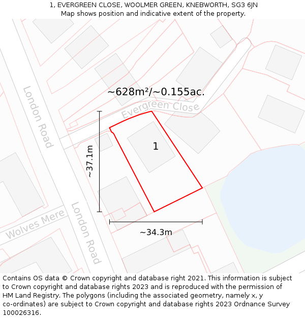 1, EVERGREEN CLOSE, WOOLMER GREEN, KNEBWORTH, SG3 6JN: Plot and title map