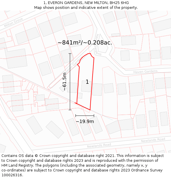 1, EVERON GARDENS, NEW MILTON, BH25 6HG: Plot and title map