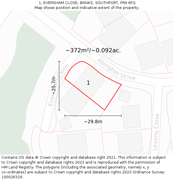 1, EVERSHAM CLOSE, BANKS, SOUTHPORT, PR9 8FQ: Plot and title map