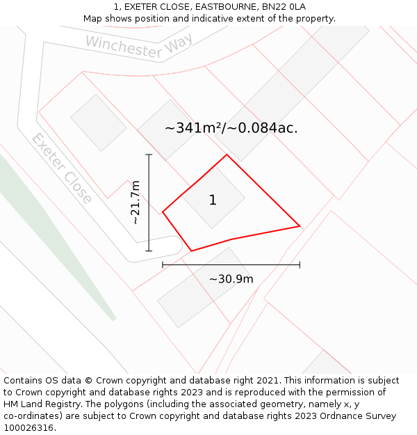 1, EXETER CLOSE, EASTBOURNE, BN22 0LA: Plot and title map