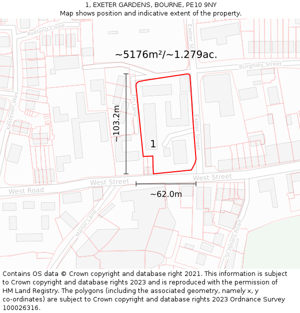 1, EXETER GARDENS, BOURNE, PE10 9NY: Plot and title map