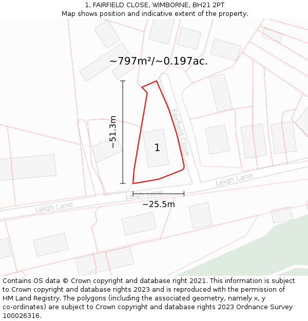 1, FAIRFIELD CLOSE, WIMBORNE, BH21 2PT: Plot and title map