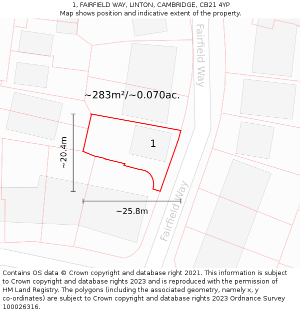 1, FAIRFIELD WAY, LINTON, CAMBRIDGE, CB21 4YP: Plot and title map