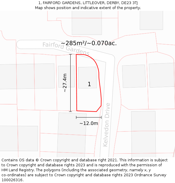 1, FAIRFORD GARDENS, LITTLEOVER, DERBY, DE23 3TJ: Plot and title map