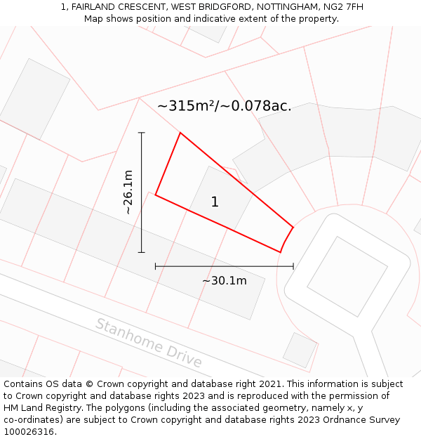 1, FAIRLAND CRESCENT, WEST BRIDGFORD, NOTTINGHAM, NG2 7FH: Plot and title map