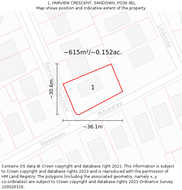 1, FAIRVIEW CRESCENT, SANDOWN, PO36 9EL: Plot and title map