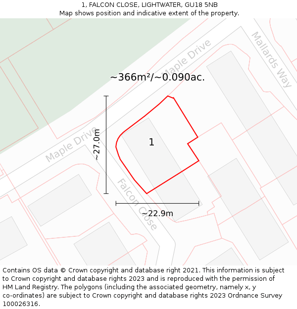 1, FALCON CLOSE, LIGHTWATER, GU18 5NB: Plot and title map