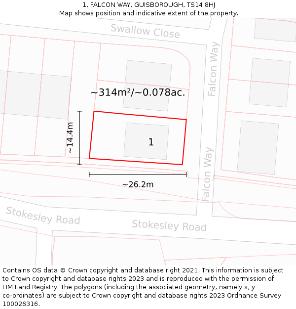 1, FALCON WAY, GUISBOROUGH, TS14 8HJ: Plot and title map