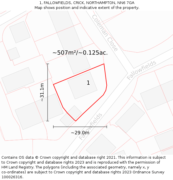 1, FALLOWFIELDS, CRICK, NORTHAMPTON, NN6 7GA: Plot and title map