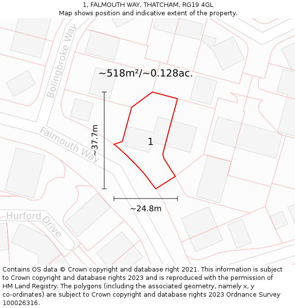 1, FALMOUTH WAY, THATCHAM, RG19 4GL: Plot and title map