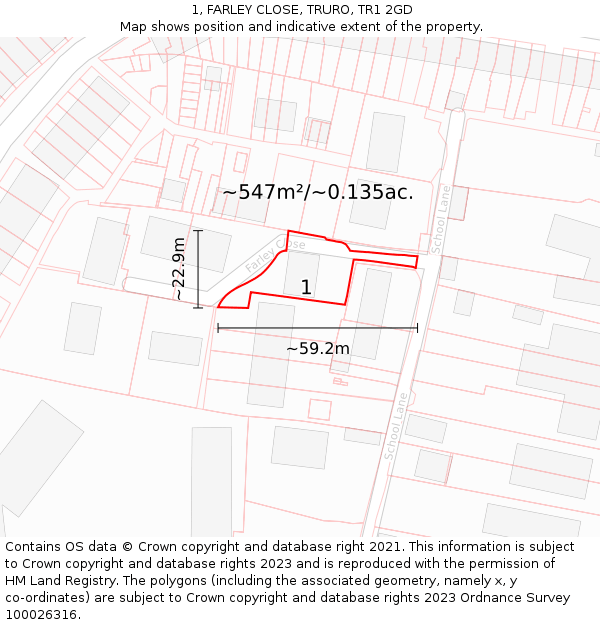1, FARLEY CLOSE, TRURO, TR1 2GD: Plot and title map
