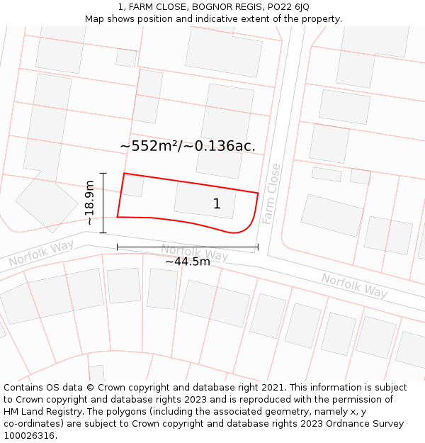 1, FARM CLOSE, BOGNOR REGIS, PO22 6JQ: Plot and title map