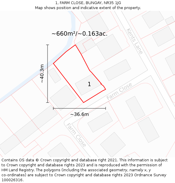 1, FARM CLOSE, BUNGAY, NR35 1JG: Plot and title map