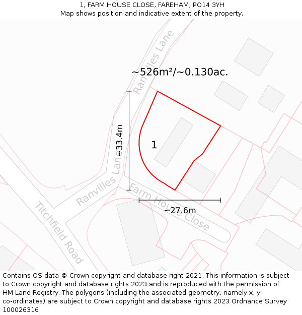 1, FARM HOUSE CLOSE, FAREHAM, PO14 3YH: Plot and title map