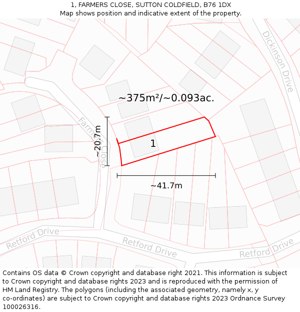 1, FARMERS CLOSE, SUTTON COLDFIELD, B76 1DX: Plot and title map