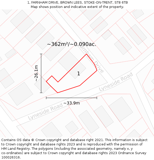 1, FARNHAM DRIVE, BROWN LEES, STOKE-ON-TRENT, ST8 6TB: Plot and title map