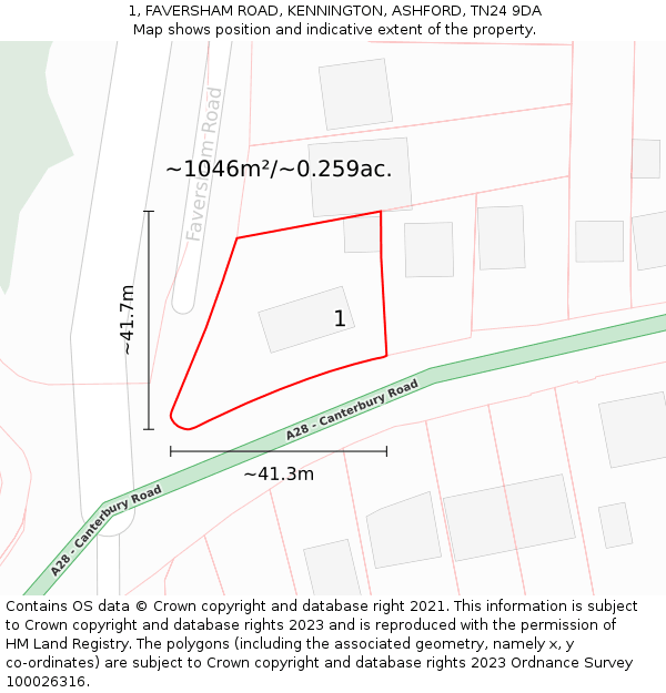 1, FAVERSHAM ROAD, KENNINGTON, ASHFORD, TN24 9DA: Plot and title map