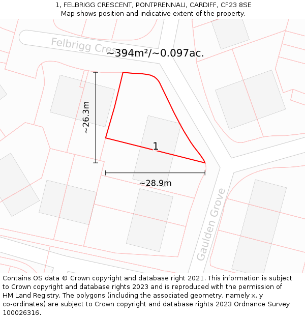 1, FELBRIGG CRESCENT, PONTPRENNAU, CARDIFF, CF23 8SE: Plot and title map