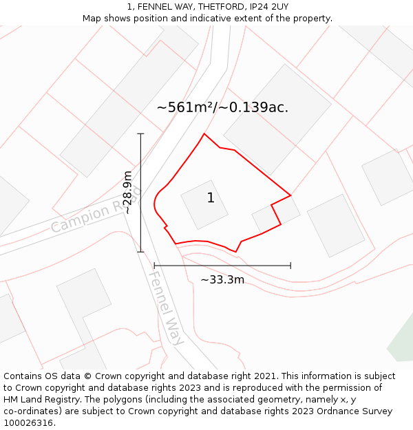 1, FENNEL WAY, THETFORD, IP24 2UY: Plot and title map