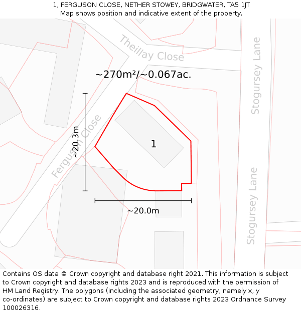 1, FERGUSON CLOSE, NETHER STOWEY, BRIDGWATER, TA5 1JT: Plot and title map