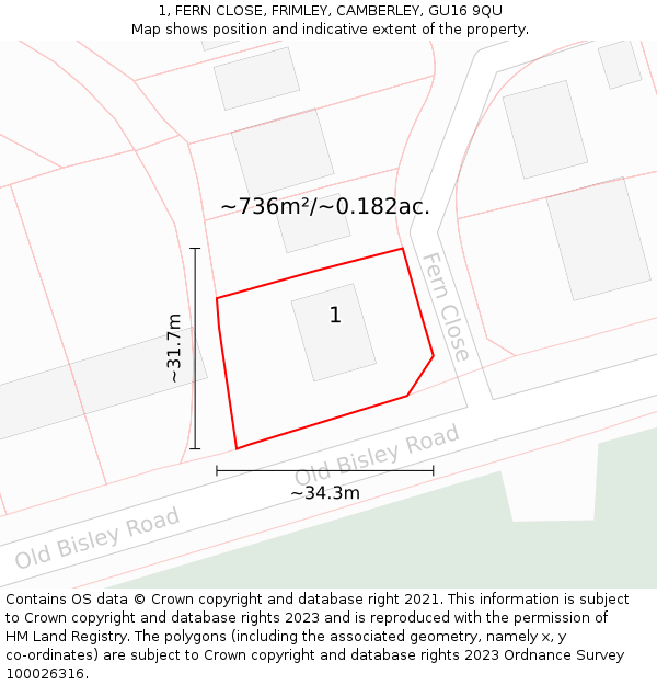 1, FERN CLOSE, FRIMLEY, CAMBERLEY, GU16 9QU: Plot and title map