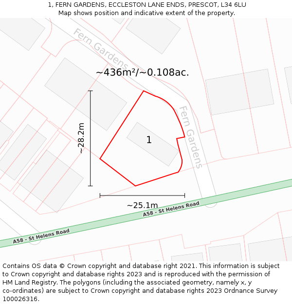 1, FERN GARDENS, ECCLESTON LANE ENDS, PRESCOT, L34 6LU: Plot and title map