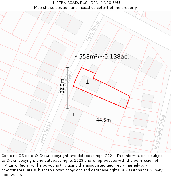 1, FERN ROAD, RUSHDEN, NN10 6AU: Plot and title map