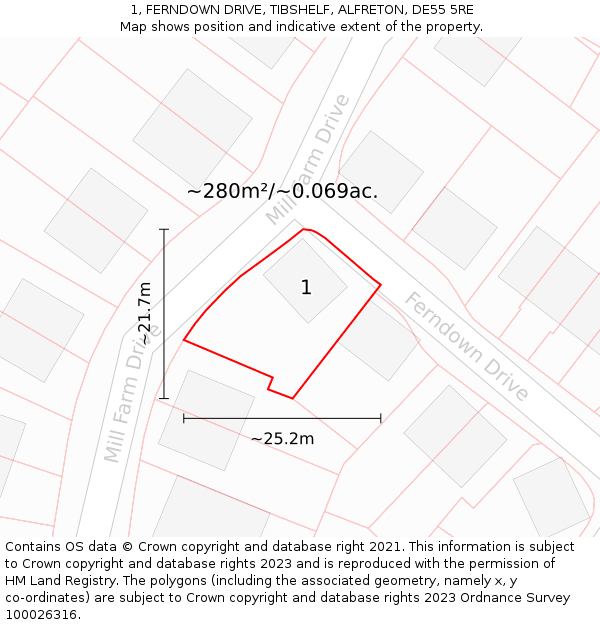 1, FERNDOWN DRIVE, TIBSHELF, ALFRETON, DE55 5RE: Plot and title map