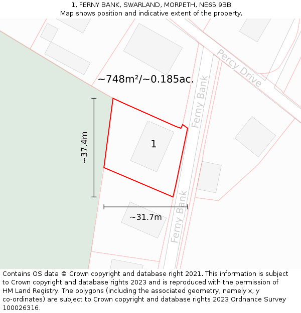 1, FERNY BANK, SWARLAND, MORPETH, NE65 9BB: Plot and title map