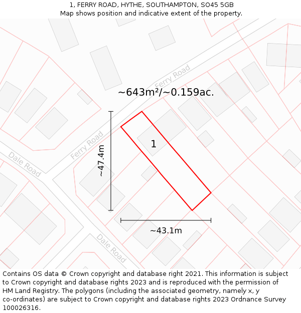 1, FERRY ROAD, HYTHE, SOUTHAMPTON, SO45 5GB: Plot and title map