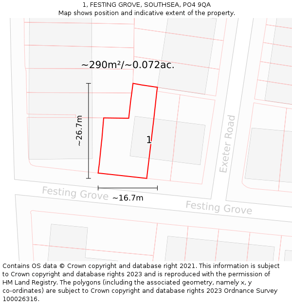 1, FESTING GROVE, SOUTHSEA, PO4 9QA: Plot and title map