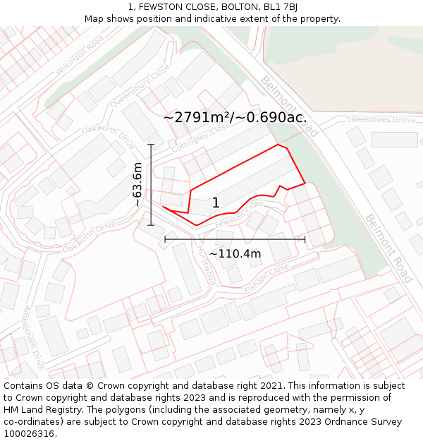 1, FEWSTON CLOSE, BOLTON, BL1 7BJ: Plot and title map