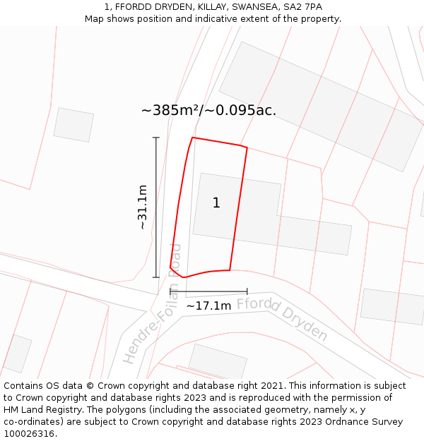 1, FFORDD DRYDEN, KILLAY, SWANSEA, SA2 7PA: Plot and title map