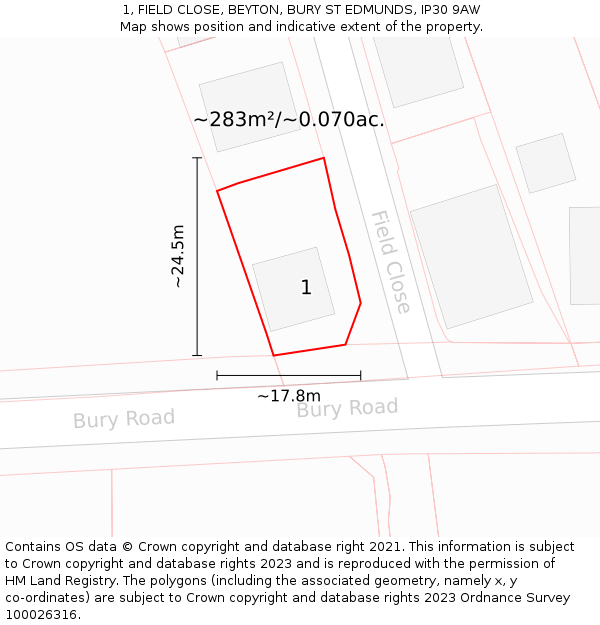 1, FIELD CLOSE, BEYTON, BURY ST EDMUNDS, IP30 9AW: Plot and title map