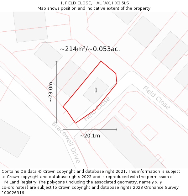 1, FIELD CLOSE, HALIFAX, HX3 5LS: Plot and title map