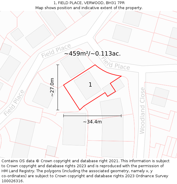 1, FIELD PLACE, VERWOOD, BH31 7PR: Plot and title map