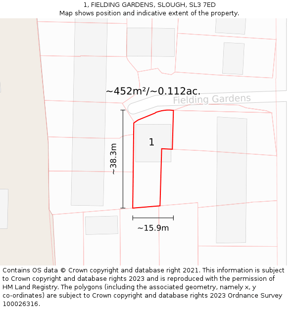 1, FIELDING GARDENS, SLOUGH, SL3 7ED: Plot and title map