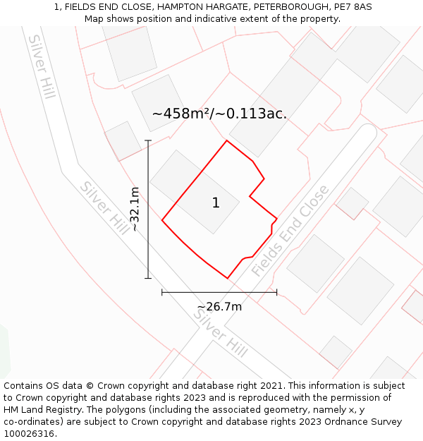 1, FIELDS END CLOSE, HAMPTON HARGATE, PETERBOROUGH, PE7 8AS: Plot and title map