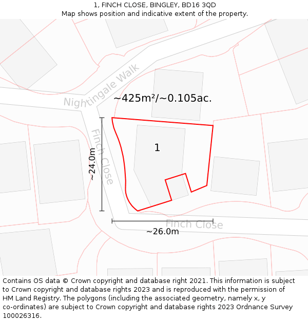 1, FINCH CLOSE, BINGLEY, BD16 3QD: Plot and title map