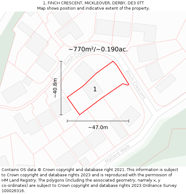 1, FINCH CRESCENT, MICKLEOVER, DERBY, DE3 0TT: Plot and title map