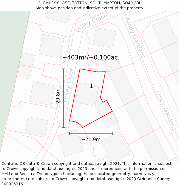 1, FINLEY CLOSE, TOTTON, SOUTHAMPTON, SO40 2BL: Plot and title map